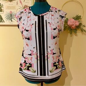 Elle White and Pink Graphic Cap Sleeve Blouse